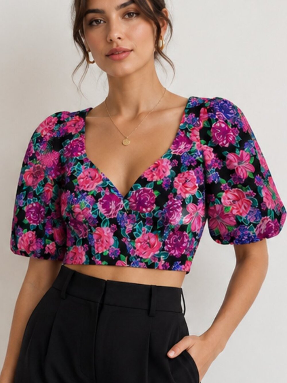 Zara NEW Pink Purple Floral Puff Sleeve Deep V-Neck Crop Top SZ Large Coquette